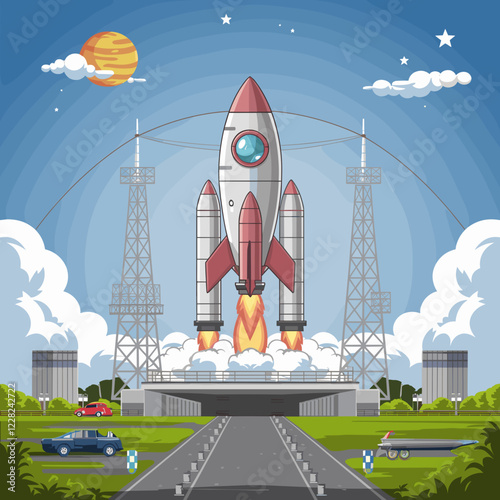 Rocket Ship Launch Pad Vector Graphic - Cartoon Style