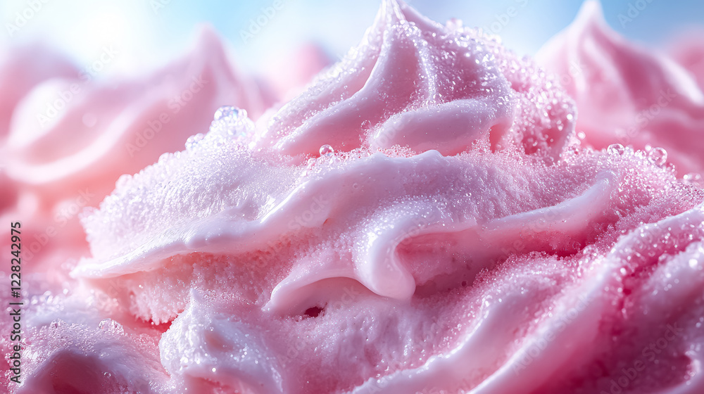 Fototapeta premium Close up of a pink frosted dessert with a lot of sprinkles. The frosting is very thick and the sprinkles are scattered all over the dessert. The dessert looks very delicious and inviting