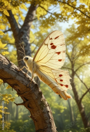 Large cream-colored tiger moth resting on a curved branch of a deciduous tree in a sunny woodland clearing , Nature, Macrolepidoptera photo