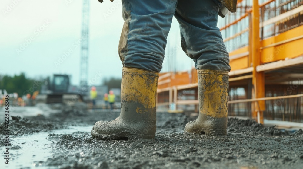 A detailed close-up of a construction supervisor inspecting concrete pouring at a high-rise construction site, High-rise concrete pouring inspection scene, Authoritative and meticulous style A detailed close-up of a construction supervisor inspecting concrete pouring at a high-rise construction site, High-rise concrete pouring inspection scene, Authoritative and meticulous style