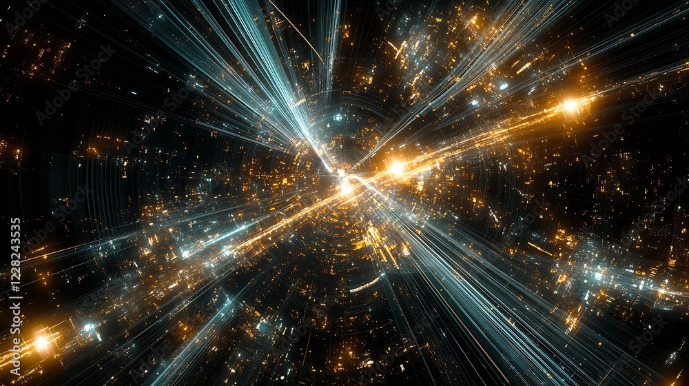 Fototapeta premium Abstract High Energy Cosmic Light Bursts in Dynamic Orange and Blue Digital Universe : Generative AI