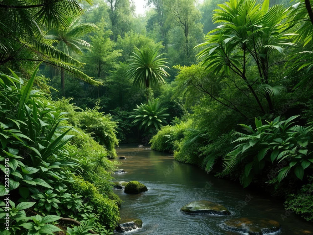 Lush greenery and foliage surrounding a freshwater stream, nature, tree branches, forest canopy Lush greenery and foliage surrounding a freshwater stream, nature, tree branches, forest canopy