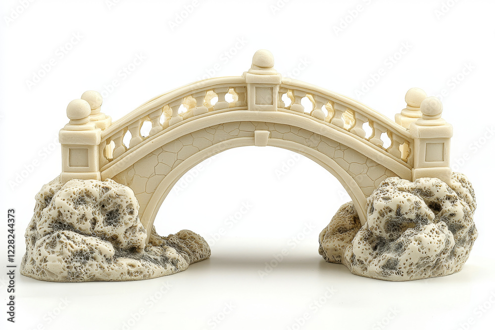 Obraz premium Elegant stone arch bridge miniature, detailed carvings, rocky base.