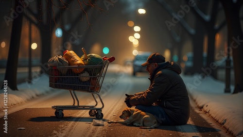 A homeless man sleeps on a cold street, his life derailed by misfortune. A cart filled with meager possessions stands nearby