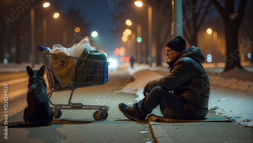 A homeless man sleeps on a cold street, his life derailed by misfortune. A cart filled with meager possessions stands nearby