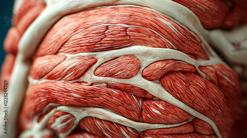 A detailed view of a torn abdominal muscle, displaying the separation of muscle layers and surrounding inflammation. photo