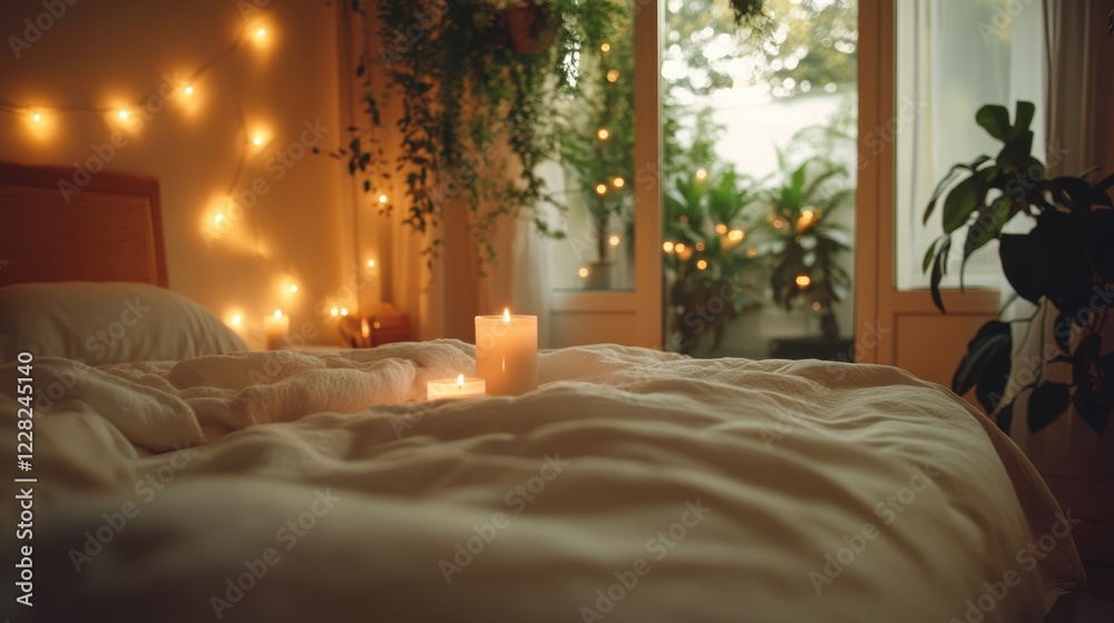 Obraz premium Serene bedroom with warm lighting, cozy blankets, candles, digital detox environment