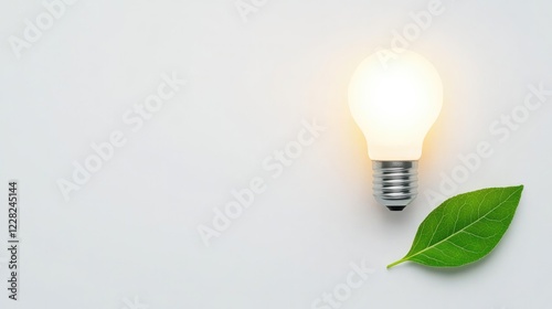 Light bulb emits soft glow beside vibrant green leaf, symbolizin photo