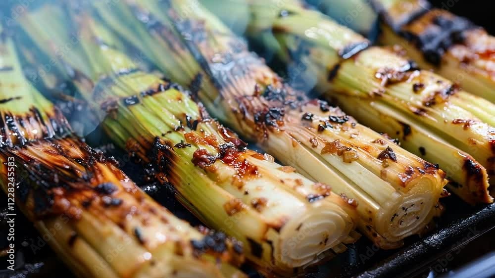 Grilled leeks with balsamic glaze on a pan, perfect for any meal. Vibrant and delicious, a gourmet delight for bbq or dinner