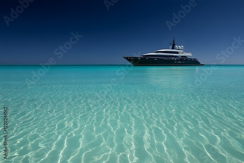 A low shot of a luxury yacht cruising through clear turquoise waters, with the reflection of the boat’s sleek lines mirrored on the surface of the water. Expansive, unspoiled ocean in the background