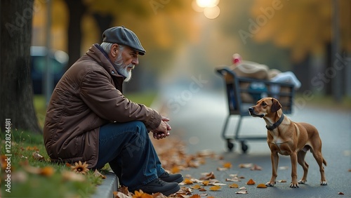 A homeless man sleeps on a cold street, his life derailed by misfortune. A cart filled with meager possessions stands nearby