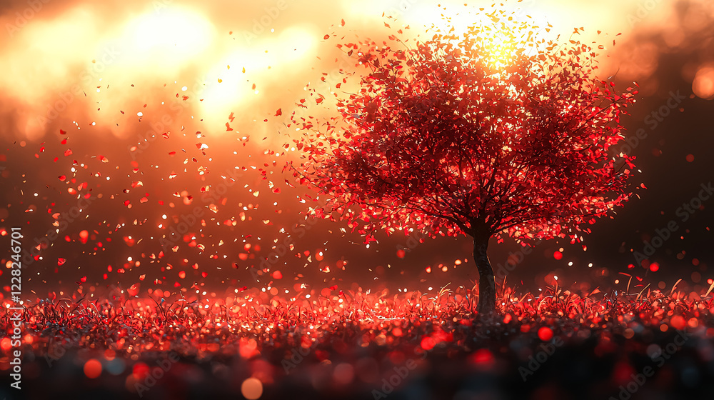 Naklejka premium Tree with red leaves is blowing in the wind. The leaves are falling from the tree and creating a beautiful scene. The image has a peaceful and calming mood