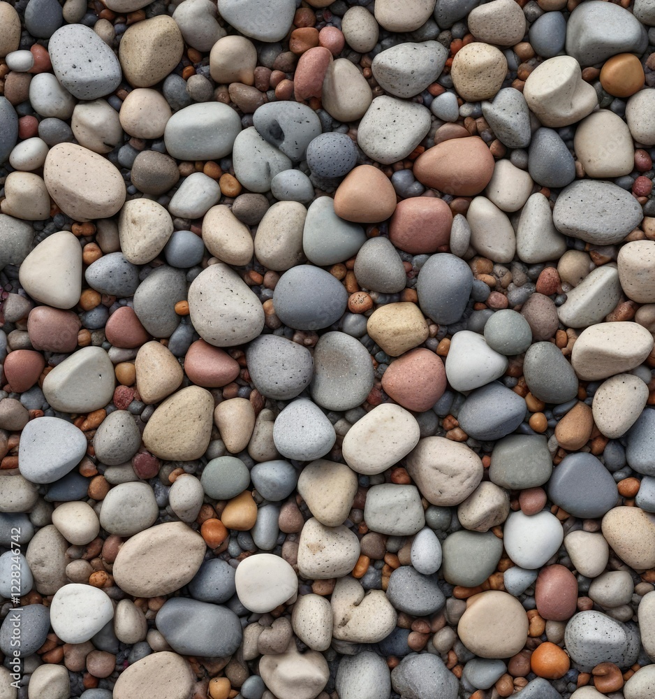 Multicolored gravel with scattered dry round pebbles on a textured stone wall background, multicolored, landscape Multicolored gravel with scattered dry round pebbles on a textured stone wall background, multicolored, landscape