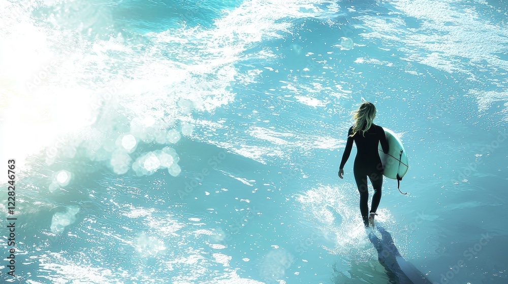 Fototapeta premium Surfer walks along shoreline with surfboard at sunset creating a tranquil seaside atmosphere