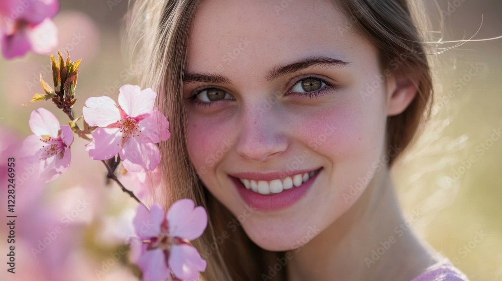 Young Woman Smiling Amidst Blooming Pink Flowers Young Woman Smiling Amidst Blooming Pink Flowers