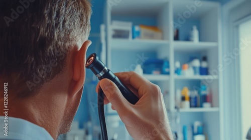 Doctor examining patients ear with otoscope photo