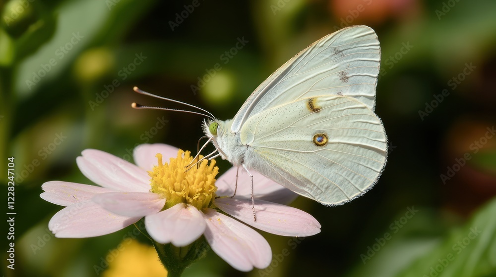 White Butterfly on Pink Flower in Garden White Butterfly on Pink Flower in Garden
