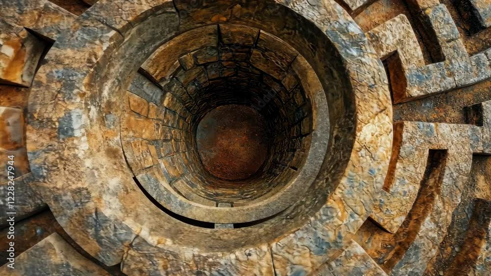 Mystical descent through ancient stone labyrinth revealing enigmatic depths Mystical descent through ancient stone labyrinth revealing enigmatic depths