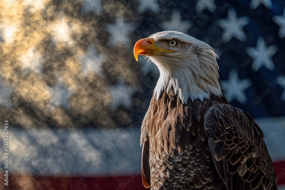 Fototapeta premium Majestic bald eagle against a backdrop of the American flag