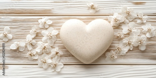 A charming heart-shaped stone rests among delicate flowers on a rustic wooden surface, embodying the spirit of love and affection this Valentine's Day.