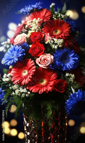 A charming vase brims with vibrant red, white, and blue flowers, radiating love and joy, perfect for celebrating Valentine's Day.