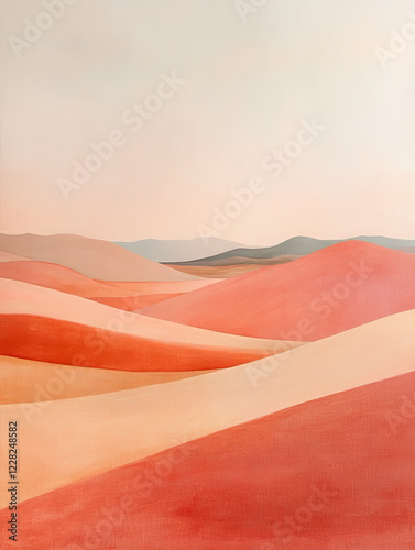 A soft pastel painting of an arid desert landscape, featuring rolling hills and distant sand dunes under the clear sky. 