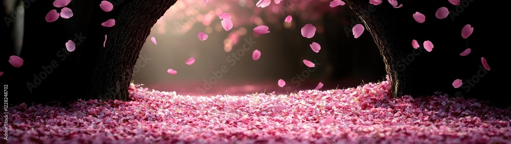 Fototapeta premium Dreamy Cherry Blossom Orchard in Full Spring Bloom with Falling Petals and Soft Pink Serenity