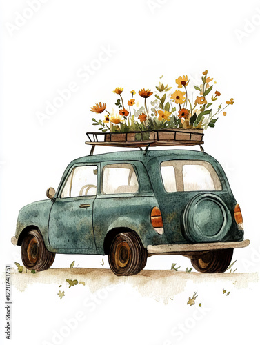 A simple watercolor painting depicting a cute, green vintage car with flowers in the back and a roof rack, set against a white background. 