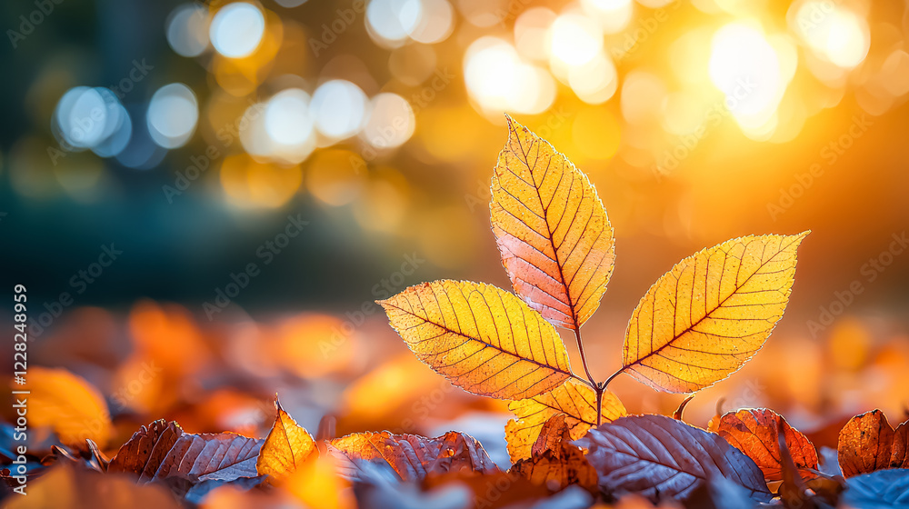 Leafy red leaf is surrounded by a blurry background of red and orange. The leaf appears to be floating in the air, and the background is filled with a lot of small, glowing dots Leafy red leaf is surrounded by a blurry background of red and orange. The leaf appears to be floating in the air, and the background is filled with a lot of small, glowing dots