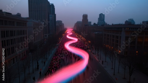 Illuminated path winds through cityscape, creating vibrant contr photo