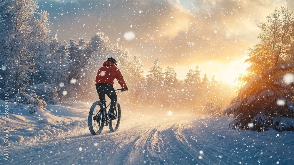 Fototapeta premium Winter cyclist enjoying a snow-covered landscape at sunset in a serene outdoor setting
