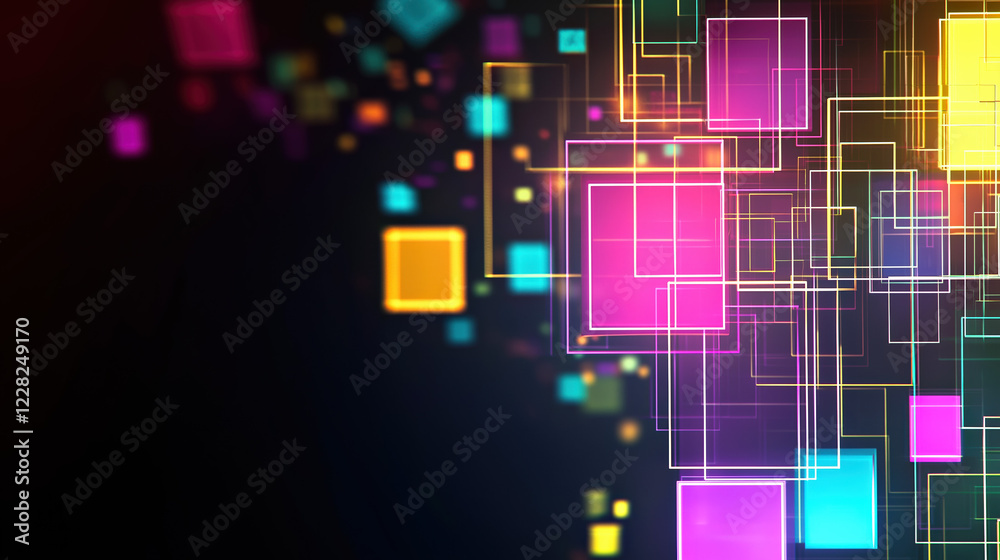Bright Neon Square Frames In A Variety Of Vibrant Colors, Arranged In An Overlapping Grid Pattern With Subtle Light Flares, Set Against A Dark Abstract Background. Bright Neon Square Frames In A Variety Of Vibrant Colors, Arranged In An Overlapping Grid Pattern With Subtle Light Flares, Set Against A Dark Abstract Background.