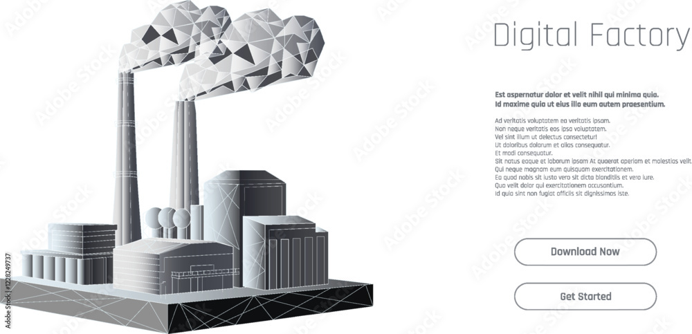 Naklejka premium Digital factory showcasing modern industrial design with geometric shapes and smoke stacks against a clean background.