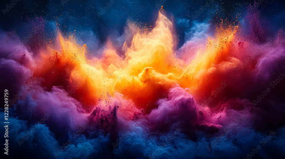 Colorful explosion of smoke and fire in the sky. The colors are vibrant and the smoke is billowing out in all directions. Scene is one of excitement and energy, as if something powerful Colorful explosion of smoke and fire in the sky. The colors are vibrant and the smoke is billowing out in all directions. Scene is one of excitement and energy, as if something powerful