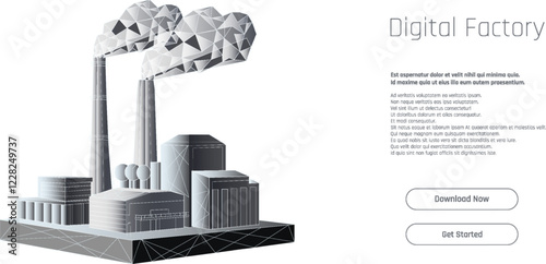 Digital factory showcasing modern industrial design with geometric shapes and smoke stacks against a clean background.