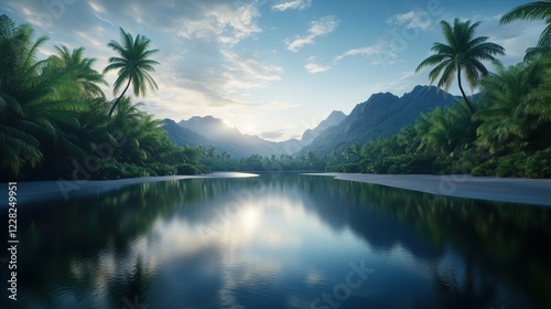 Scenic tropical landscape with palm trees and mountains reflecting on a tranquil lake under a bright blue sky. Concept of travel and relaxation.