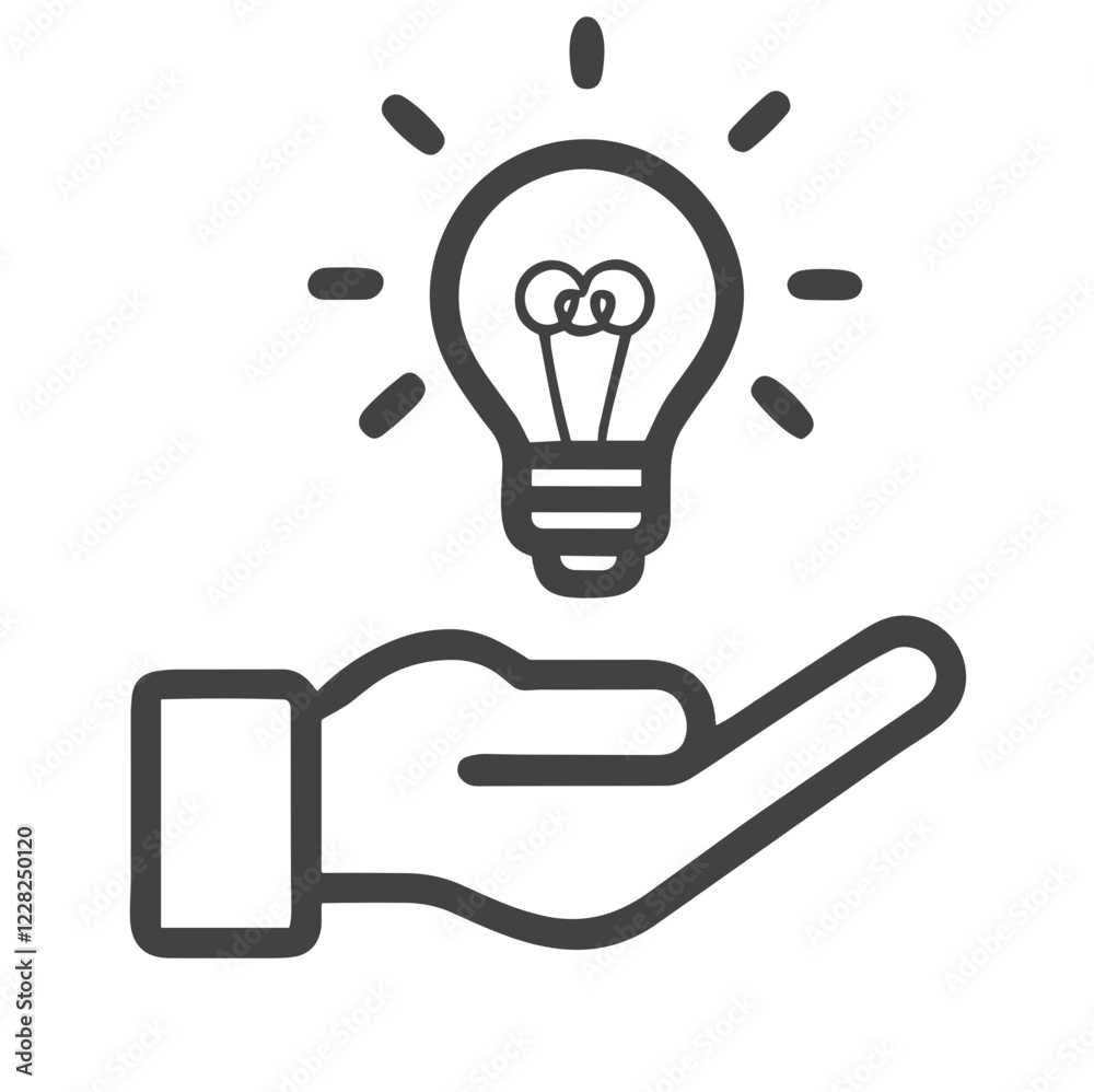 Light bulb in hand icon, innovative idea, minimalist black outline on white background, copy space Light bulb in hand icon, innovative idea, minimalist black outline on white background, copy space