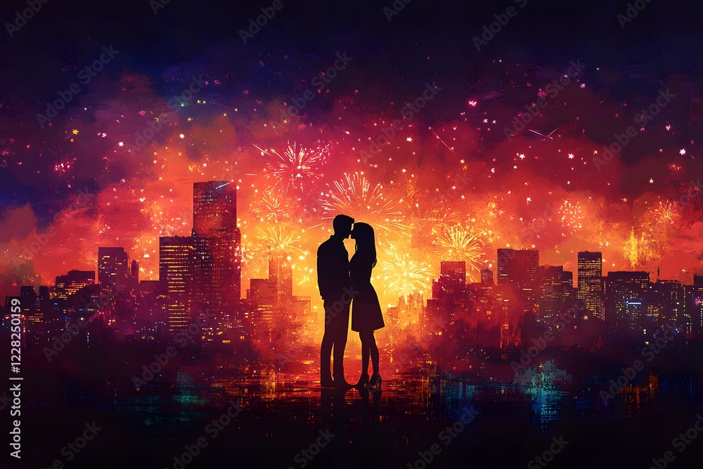 Fototapeta premium A couple holds hands and kisses under dazzling fireworks on Valentine's night, evoking romance and warmth. Ideal for greeting cards, ads, or campaigns celebrating love and relationships.