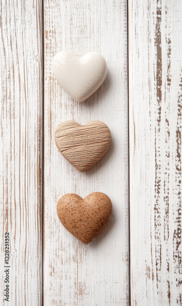 Fototapeta premium Three heart-shaped stones rest gently on a white wooden table, exuding a timeless charm perfect for celebrating love on Valentine's Day.