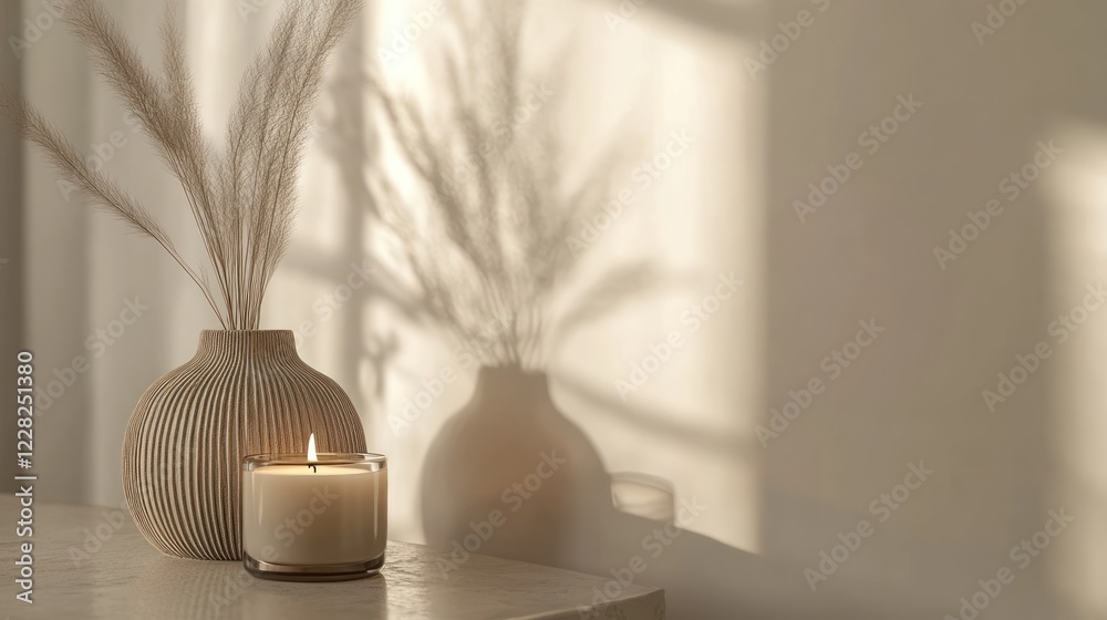 custom made wallpaper toronto digitalLit candle beside vase with dried pampas grass