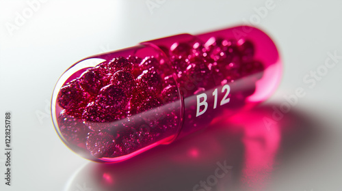 Close-up photo of a deep red semi-transparent B12 capsule filled with small beads, on a soft blurred background.