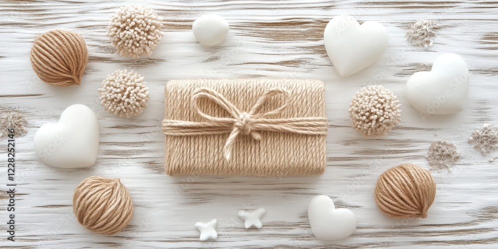 A beautifully wrapped gift adorned with rustic brown string, nestled among delicate white spheres, radiating warmth and love for Valentine's Day. A beautifully wrapped gift adorned with rustic brown string, nestled among delicate white spheres, radiating warmth and love for Valentine's Day.