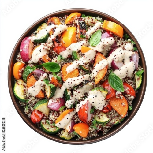 A vibrant quinoa and roasted vegetable salad with tahini dressing, isolated white background, contemporary art style