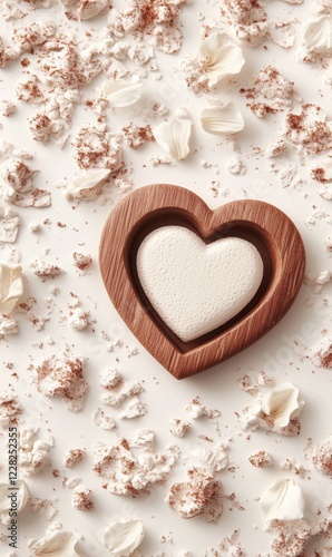 A charming wooden box shaped like a heart cradles a delicate white heart, symbolizing love and affection on Valentine's Day.