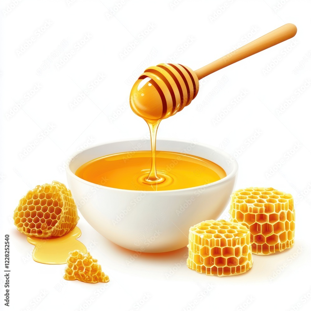 Honey dripping from dipper into bowl, honeycomb pieces, white background; food, recipe, ingredient Honey dripping from dipper into bowl, honeycomb pieces, white background; food, recipe, ingredient