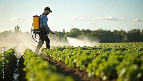 Farmer spraying fertilizer on crops in field with precision under clear sky