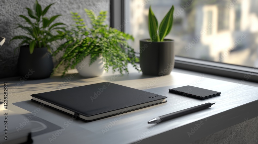Minimalist Workspace With Notebook Plants And Pen Minimalist Workspace With Notebook Plants And Pen