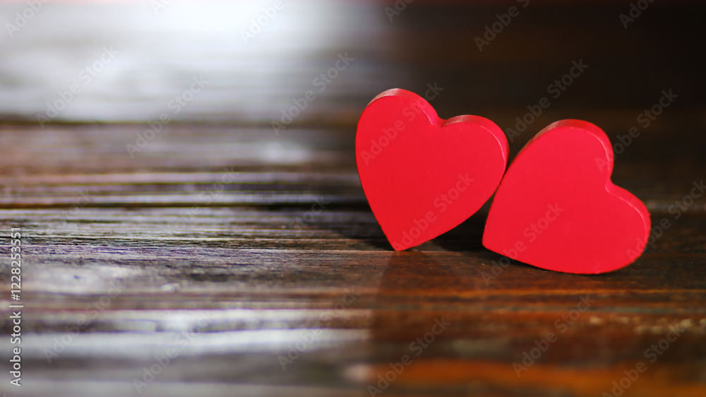 Two red hearts are positioned on a polished wooden table, symbolizing unity and enduring love, ideal for applications relating to love and relationships. Two red hearts are positioned on a polished wooden table, symbolizing unity and enduring love, ideal for applications relating to love and relationships.