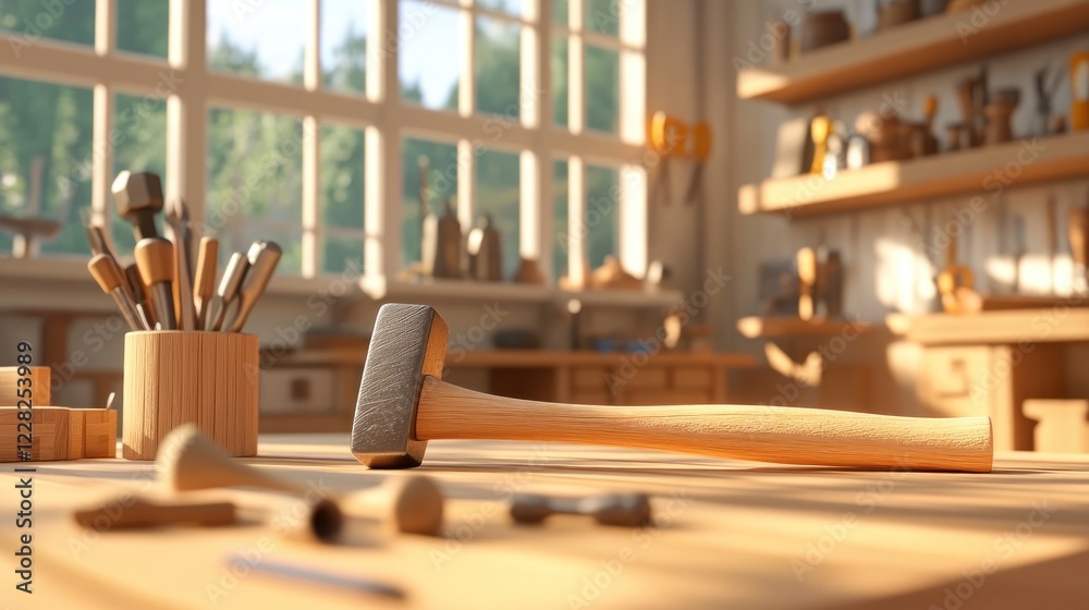 Wooden Hammer Rests on a Carpenters Workbench Wooden Hammer Rests on a Carpenters Workbench