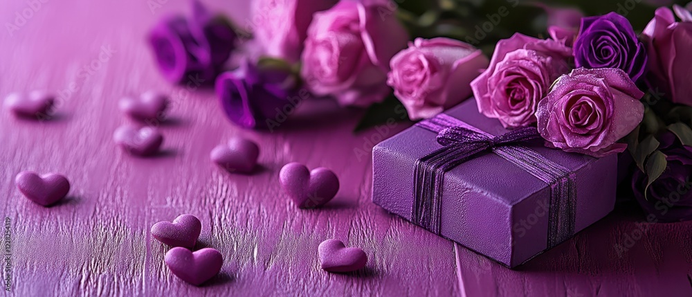 Obraz premium A charming arrangement of purple roses and delicate hearts surrounds a beautifully wrapped purple gift box, embodying romance and affection.
